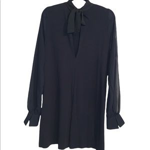 ZARA Women’s Black Cotton Dress w/ Sheer Long Sleeves and Bow Collar Siz…
